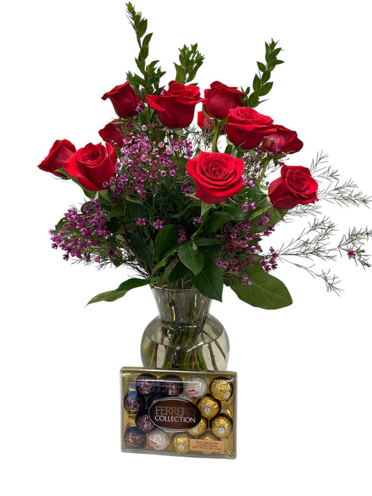 Dozen Red Roses & Chocolates Classic Romance Gift Set