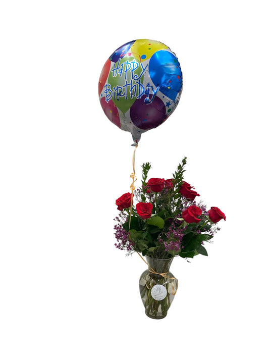 Joyful Blooms Gift Set: One Dozen Roses with Balloon