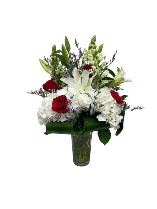 Timeless Grace: Red Roses, White Lilies & Hydrangeas