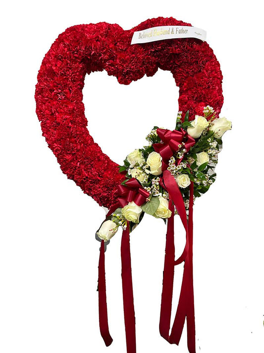 Eternal Love – Heart-Shaped Red Carnation and White Rose Sympathy Wreath