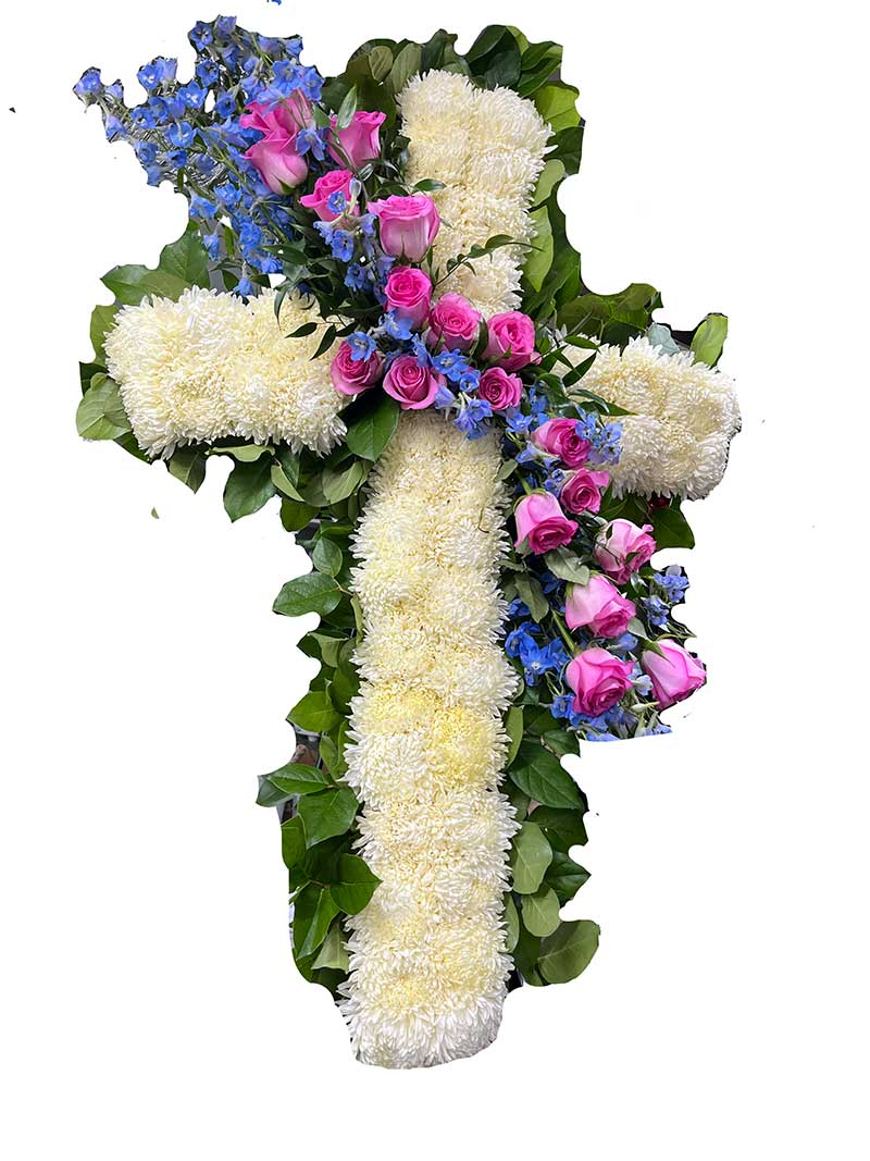 Heavenly Cross – White Chrysanthemum and Pink Rose Sympathy Tribute